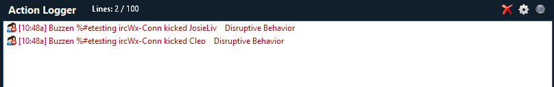 The docked Action Logger shows room activity such as joins, parts, and other events.