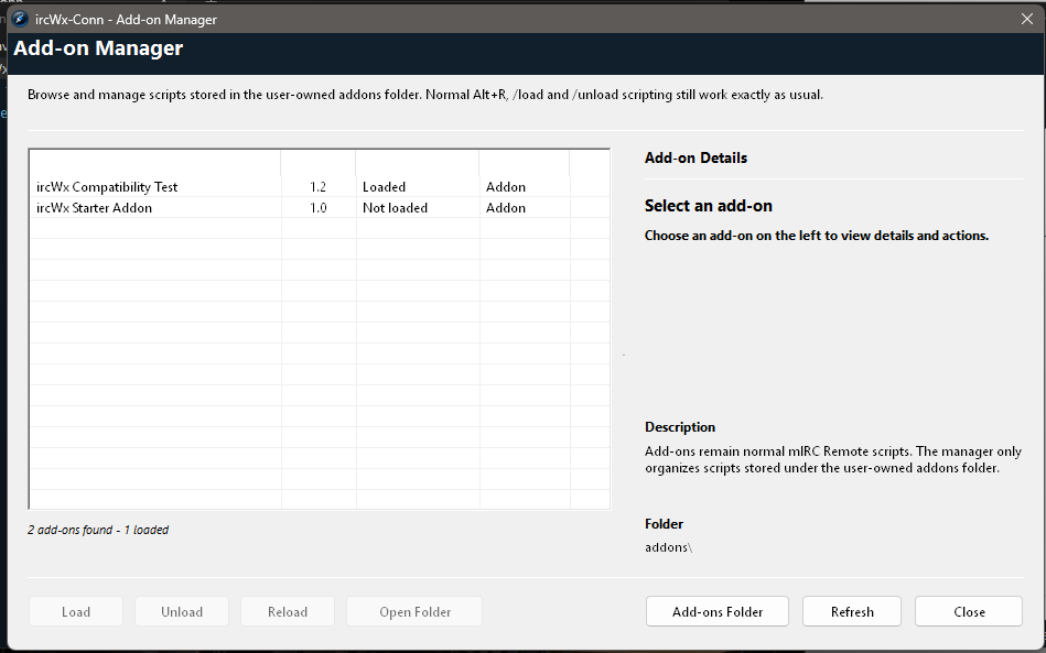 Add-on Manager shows installed add-ons, load state, version information, and add-on details.