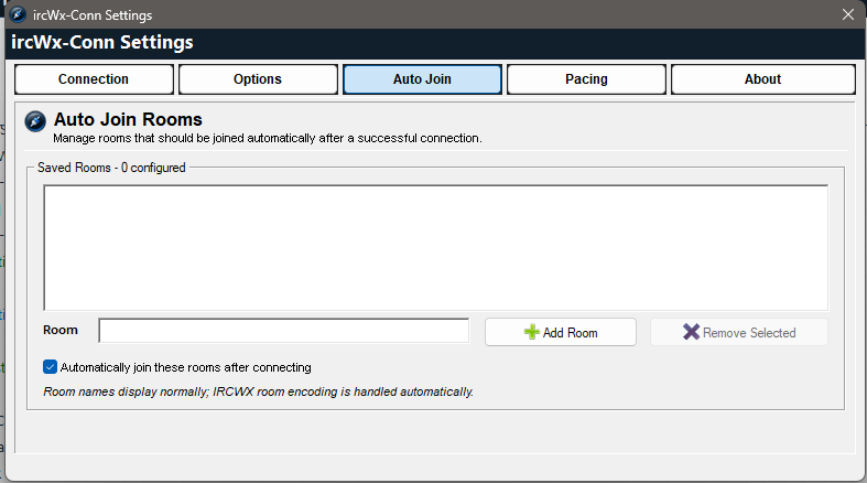 Auto Join settings let you maintain saved rooms and choose which rooms open automatically after connecting.