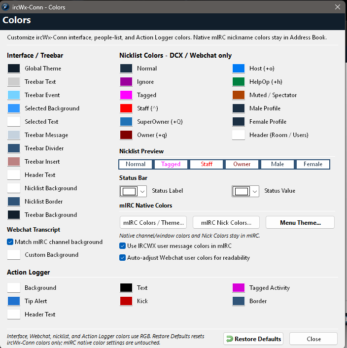 The Colors dialog controls chat, interface, Webchat, and Action Logger colors.