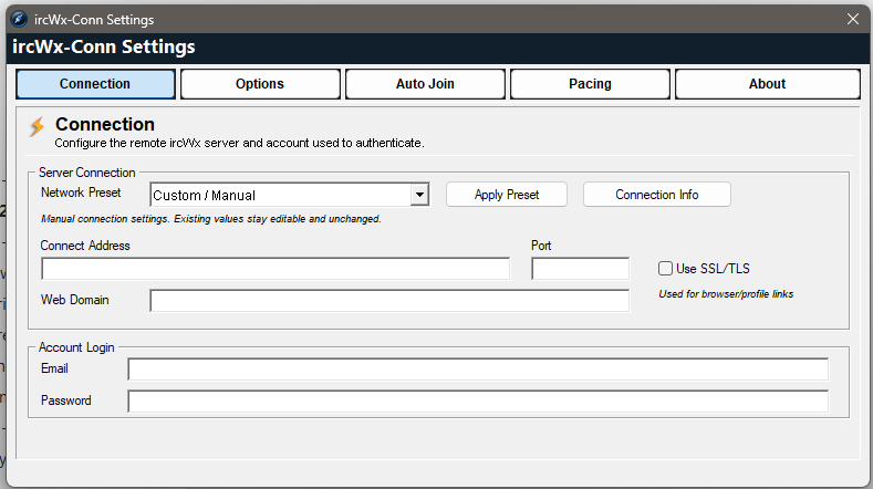 Connection settings for the network preset, server address, port, SSL/TLS, web domain, and account details.