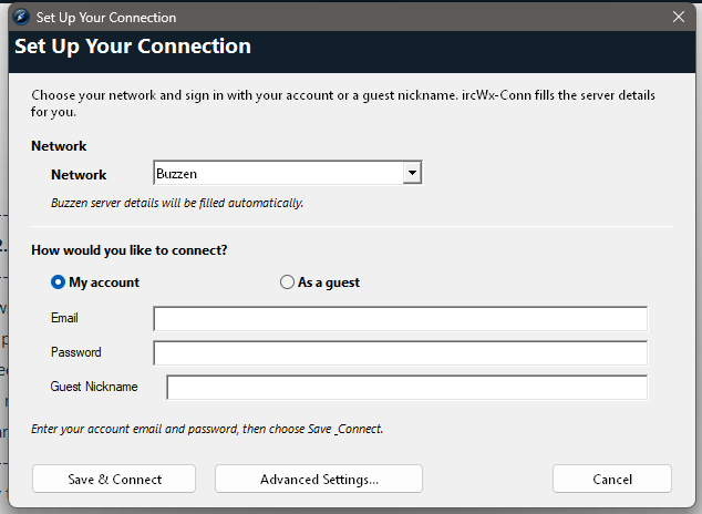 Connection setup with network selection and Account/Guest sign-in choices.