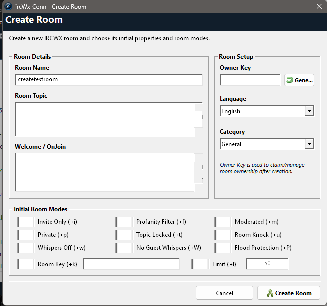 The Create Room dialog includes room details and the Initial Room Modes section.