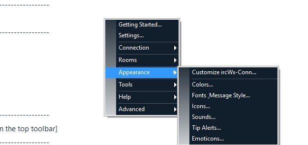 The Customize hub provides quick access to Colors, Fonts & Message Style, Icons, Sounds, Tip Alerts, and Emoticons.