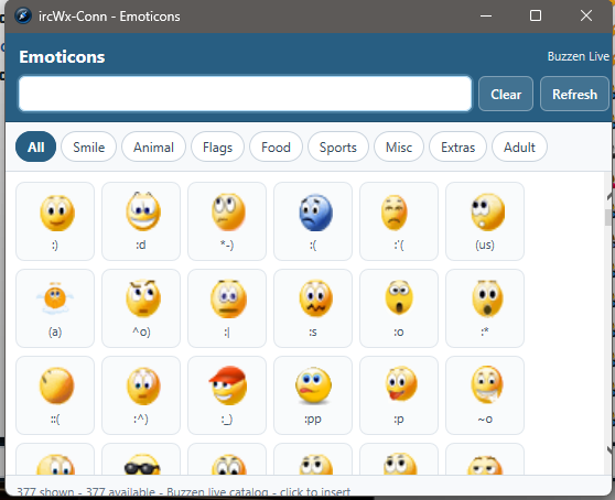 The Emoticons window provides search and quick insertion of live Buzzen emoticons.