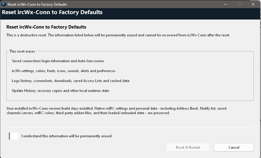 Factory Reset clearly lists what will be erased and what personal or third-party data will be preserved.