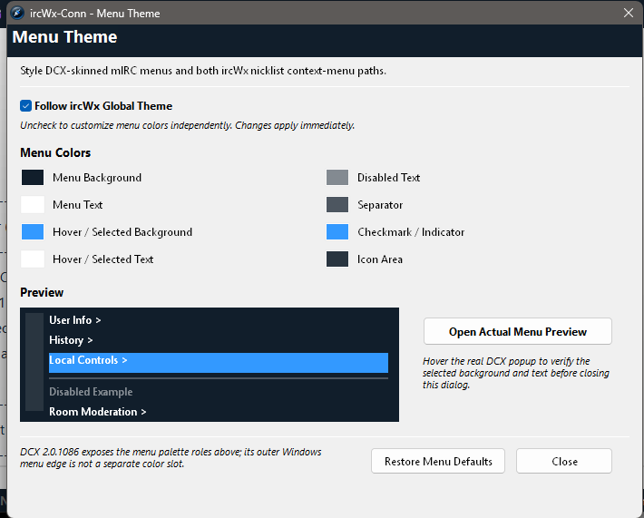 Menu Theme controls the appearance of ircWx-Conn popup menus and includes a live preview.
