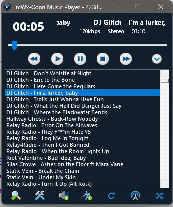The MP3 Player provides playback, search, and queue controls inside ircWx-Conn.