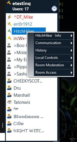 The people-list right-click menu provides communication, history, local controls, and room moderation actions.