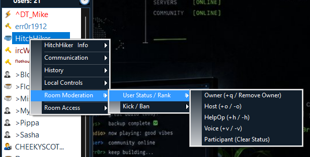 The User Status / Rank submenu provides room moderation status controls for a selected user.