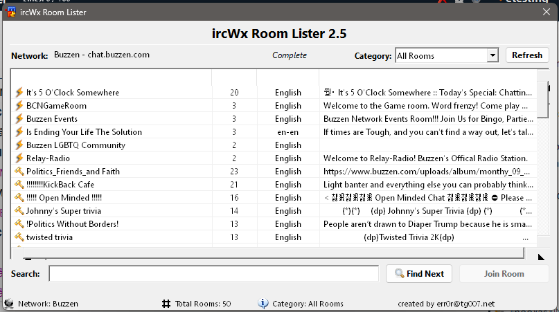 The Room Lister organizes available rooms into categories and provides search and join controls.