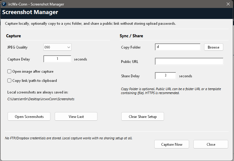 Screenshot Manager provides local capture controls plus optional copy-folder and public-link sharing settings.