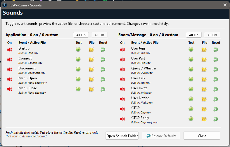 Sounds lets you choose audio cues for supported ircWx-Conn events.