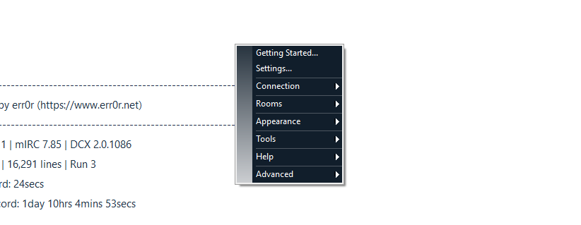The Status right-click menu is the main navigation hub for connection, rooms, appearance, tools, help, and advanced options.