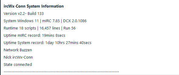 System Information summarizes the local ircWx-Conn, mIRC, Windows, and runtime environment for troubleshooting.