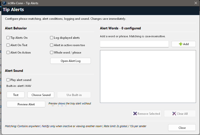 Tip Alerts controls desktop alert matching, sound, and notification options.